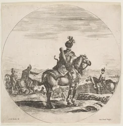Cavaleiro polonês com arco e flecha, visto por trás com o cavalo voltado para a direita, ... ca. 1651