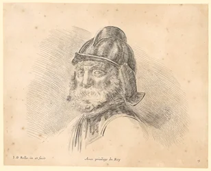 Retrato de um homem barbudo com capacete, de perfil de três quartos para a esquerda