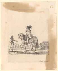 Cavaleiro com capa durante o adestramento de um cavalo