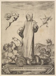 Saint Jean Gualbert pisoteando um monstro com duas cabeças humanas e um corpo serpentino, um flyi ..., 1640.