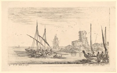 Paisagem marítima com vários navios e uma torre antiga na praia
