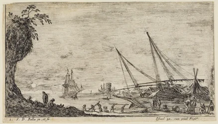 Paisagens marítimas (Paysages maritimes): Porto marítimo com marinheiros e trabalhadores a transportar troncos de madeira