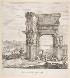 O Templo de Vespasiano e o Fórum Romano, de seis grandes vistas, quatro de Roma e duas ..., 1656.