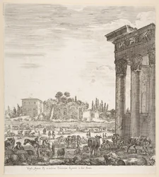 As colunas do templo de Antonino à direita, uma parte do Campo Vaccino no centro e ..., 1656.