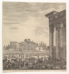 As colunas do templo de Antonino à direita, uma parte do Campo Vaccino no centro e ..., 1656.