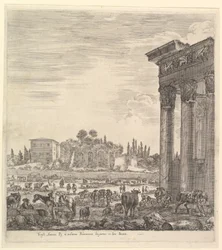 As colunas do templo de Antonino à direita, uma parte do Campo Vaccino no centro e ..., 1656.