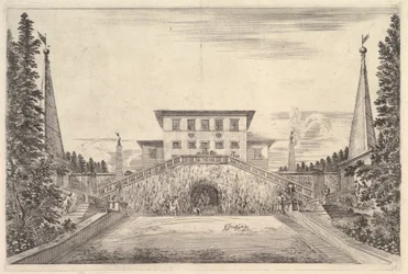 A vila no centro ladeada por quatro obeliscos, uma escada de cada lado, uma estátua em ..., ca. 1653