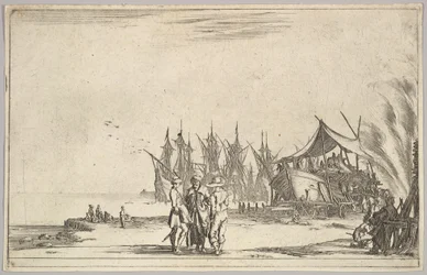 Três homens usando chapéus em pé no centro, homens consertando um navio para a direita, cinco navios e vari ..., 1639.