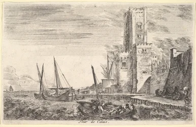 Torre de Calais Tour de Calais, torre para a direita, dois navios no mar para a esquerda e em cent ..., 1647.
