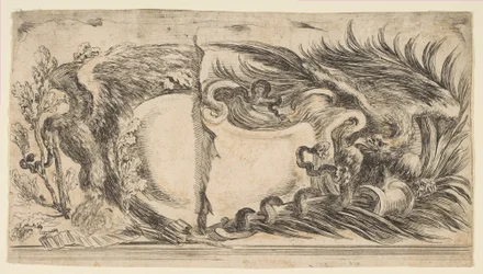 Duas metades diferentes de cartelas, cada uma mostrando uma águia lutando com uma serpente, 1646.