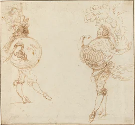 Dois homens em trajes de máscaras: a terra e um capacete de desfile, c. 1645.