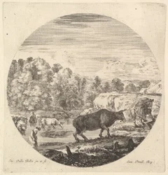 Duas vacas no centro, seguidas por duas camponesas e outras vacas no rio para le..., ca. 1643-48.