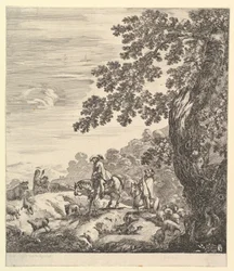 Dois cavaleiros passam um rebanho, cavalgando para a esquerda, uma camponesa e um menino para..., ca. 1656.