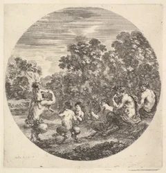 Dois sátiros e um fauno sentado à direita assistindo dois sátiros infantis e outro sátiro w ..., ca. 1643-48.