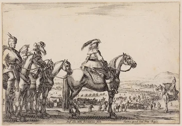 Várias figuras (Varie figure): Exército em marcha na planície. Na colina, em primeiro plano, o comandante e os seus acompanhantes; à direita, o trompetista