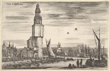 Vista de Amsterdã Vue dAmsterdam, uma torre e casas à esquerda, homens em pé no píer ..., 1647.