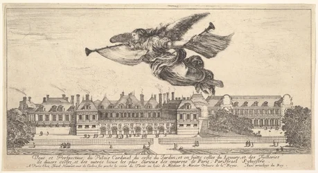Vista do Cardeal Palais, a figura da fama no topo, voando em direção à esquerda, ..., 1649-51.