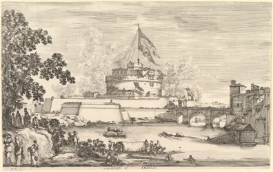 Vista do rio Tibre, uma grande árvore à esquerda, dois grupos de mulheres à esquerda na frente ..., ca. 1656