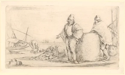 Dois marinheiros junto de um grande fardo de mercadorias para venda