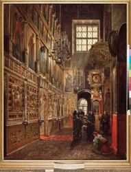 Uma missa na Catedral da Anunciação no Kremlin de Moscou - Pintura de Stepan Mikhailovich Shukhvostov (1821-1908), óleo sobre tela
