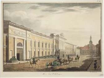 Vista do Novo Arsenal na Av. Liteyny (perspectiva Liteiny) - Stepan Philippovich Galaktionov (1779-1854). Litogravura, aguarela