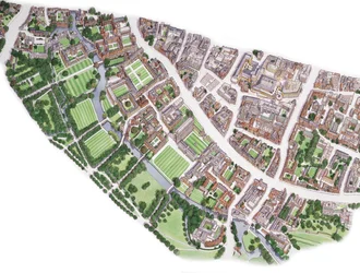 Vista aérea de Cambridge (desenhada em 1996), c.1990-2005 (tinta e aguarela)