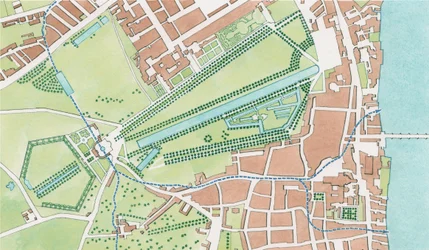 Curso do rio Tyburn, Westminster em 1747 (tinta e aguarela)