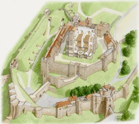 Dover Castle Today, c.1945-2023 (tinta e aguarela sobre papel)
