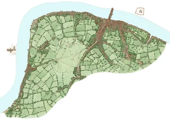 Margem Sul, Londres, entre Vauxhall e Bermondsey, cerca de 1600, 2021 (tinta e aguarela, digital)