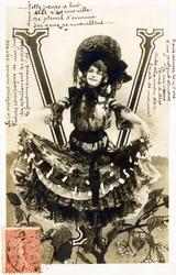V: Mariette Sully, soprano belga da Belle Epoque - Teatros: Bouffes Parisiennes, Menus Plaisirs, Gaite, Paris - Alfabeto em cartão postal