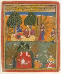 Krishna e Radha com seus confidentes: página de um Gita Govinda disperso, ca. 1655-60.