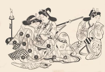 Samurai e cortesã sentados, um servo ao lado deles, ca. 1685., c. 1685.