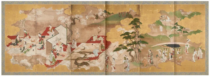 Piquenique sob cerejeiras em flor e
Passeio de barco no rio, meados do século XVIII (par de telas de seis painéis; tinta, cor e ouro
sobre papel)
