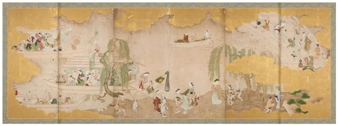 Piquenique sob cerejeiras em flor e
Passeio de barco no rio, meados do século XVIII (par de telas de seis painéis; tinta, cor e ouro
sobre papel)