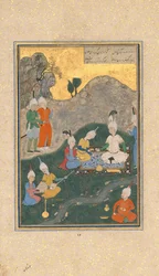 Alexander at a Banquet, Folio from a Khamsa Quintet of Nizami, datado A.H. 931AD. 1524-25.