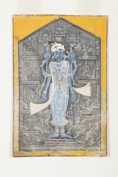 Uma imagem de Vishnu cercada por baixo-relevos de seus avatares, c.1780 (wc opaca e ouro sobre papel)