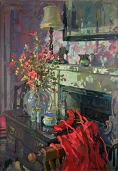 Interior com vestido vermelho (óleo sobre tela)
