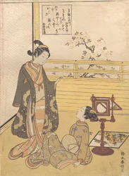 Um adolescente e uma menina com um espectador para uma foto óptica Nozoki-karakuri, Kobo Da..., ca. 1788.