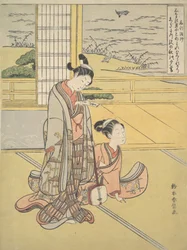 Um jovem e uma mulher com um Shamisen, Monk Saigyo, de uma série alusiva ao Thre..., c. 1768.