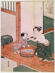 Uma mãe nua lava o filho no Japão junto de uma bacia cheia de água. Estampa de Suzuki Harunobu (1725-1770). 1766-1768. Dimensões: 0,27 x 0,201 m. Paris, Museu Guimet, Museu Nacional de Artes Asiáticas