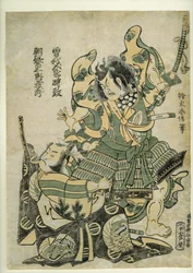 Asaina Saburo Yoshihide puxando a armadura de Soga no Goro, c.1777 (xilogravura)