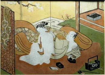 Casal de amantes deitado num interior com biombo, estampa Nishiki-e de Suzuki Harunobu (1725-cerca de 1770), cerca de 1765. 20,6 x 27,8 cm, colecção particular