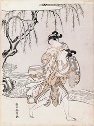 Casal nas margens do rio, por Suzuki Harunobu (1725-1770), tinta e cores, Japão, Civilização Japonesa, período Edo