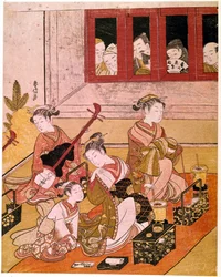 Cortesãs a tocar música, expostas aos olhares de voyeurs. Estampa japonesa de Suzuki Harunobu (1725-1770). Cerca de 1769. Dimensões: 0,27 x 0,21 m. Paris, Museu Guimet, Museu Nacional de Artes Asiáticas