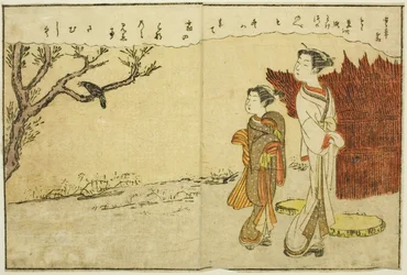 Ilustração de página dupla do vol. 1 de "Livro de imagens de brocados de primavera (Ehon haru no nishiki)"