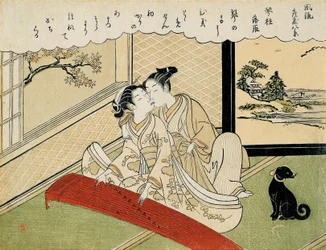 Gansos a descer nas pontes de koto (Kotoji rakugan), da série «Oito vistas elegantes de salões» (Furyu zashiki hakkei)