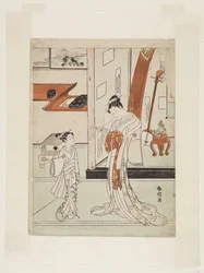 Geisha e Attendant (impressão em bloco de madeira a cores)