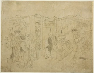Impressão em bloco de chaves para A Introdução (Miai), a primeira folha da série "Casamento em estampas de brocado, a carruagem da mulher virtuosa (Konrei nishiki misao-guruma)"