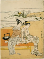 Os amantes tocam o mesmo flauta (paródia de Xuanzong e Yang Guifei), c.1767 (xilogravura a cores; chuban)