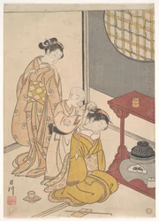 Chuva nocturna no suporte de prateleira dupla, da série Oito vistas de salão (Zashiki hakkei)
